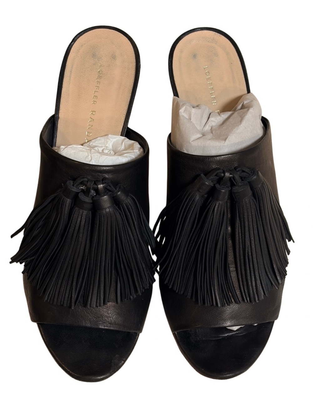 LOEFFLER RANDALL Cleo Black Tassel Leather Block Heel Sandal Mules + Box - Picture 9 of 16